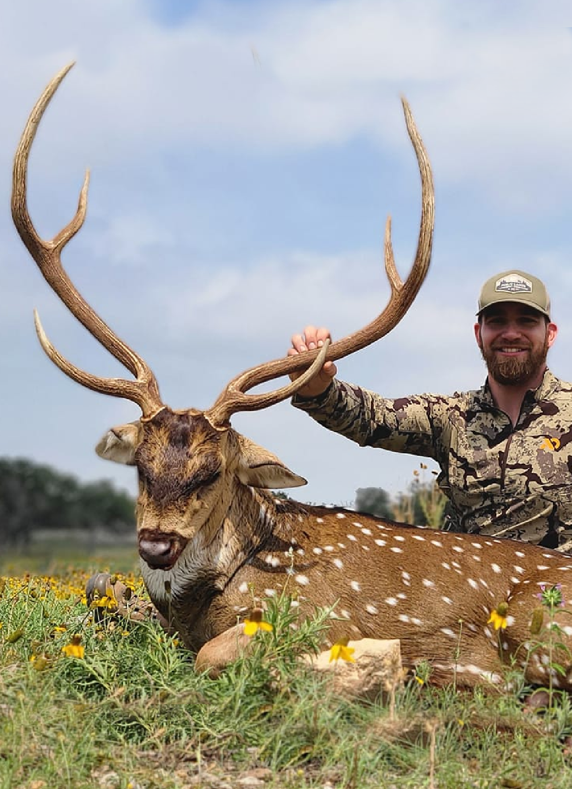 Texas Hunts - Landing Page - Axis Florida Osceola Turkey Hunt, Hunter shown with turkey surrounded by oranges in Florida.
